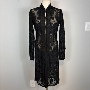 Cache Y2K Black Soutache Mesh Duster Cardigan Lace Sheer Button Front M Gothic
